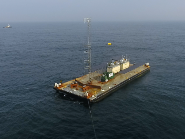 The WFIP3 barge collecting atmospheric, oceanographic, and environmental data in the northern third of the Mid-Atlantic Bight, home to nine active wind energy lease areas.